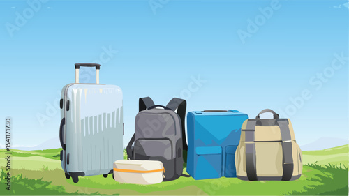 Assorted luggage including suitcase backpack and bags arranged on a grassy field under a bright blue sky