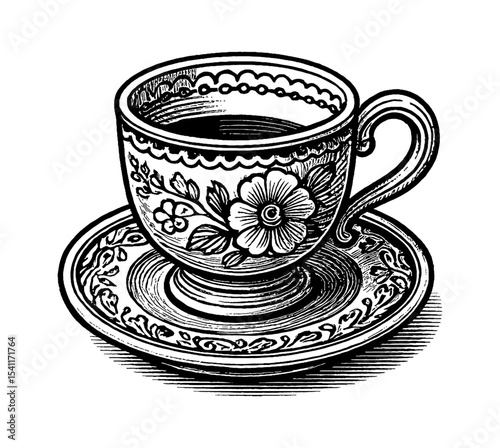 Elegant floral patterned teacup and saucer in detailed black and white engraving style