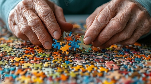 Elderly hands carefully fitting puzzle pieces