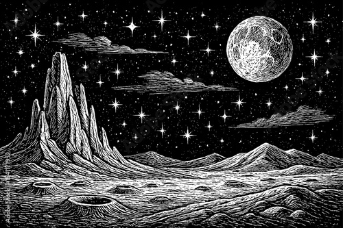 Detailed Engraving of Lunar Surface with Mountains, Craters, Moon, Clouds and Stars