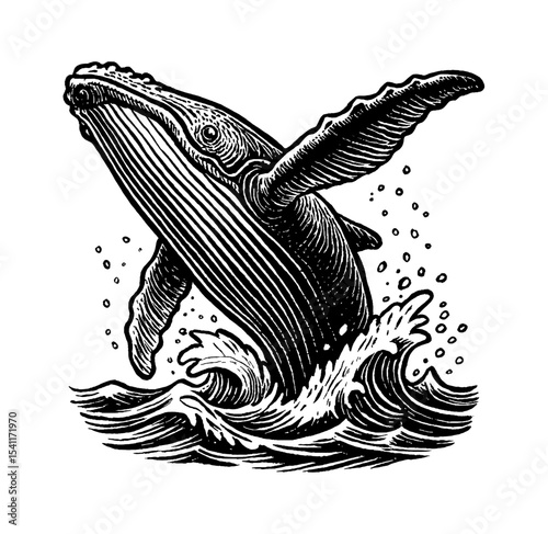 Engraved Illustration of Humpback Whale Breaching the Ocean Surface in Black and White Detailed Style