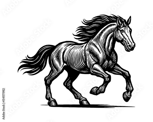 Engraved Illustration of a Running Horse in Black and White with Detailed Texture