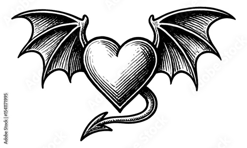 Heart with Devil Wings and Tail, Engraved Vector Illustration in Black and White