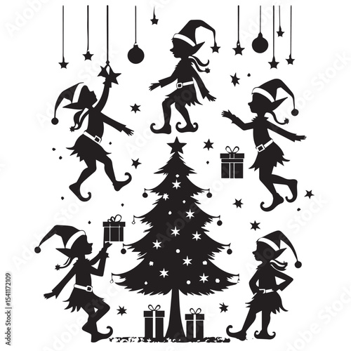 Silhouette christmas elves dancing around a tree