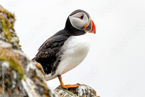 Charming puffin standing proudly its bright orange beak contrasting sharply high resolution details isolated on a white background