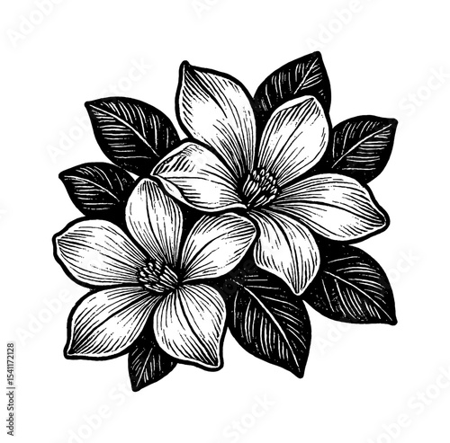 Detailed Engraving Style Illustration of Two Flowers with Leaves in Black and White