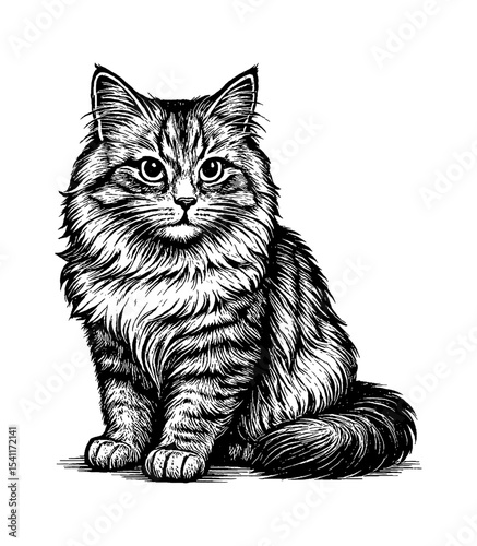 Detailed Engraved Illustration of a Long-Haired Cat Sitting with a Calm Expression