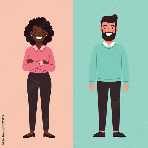 Diverse young man and woman standing confidently in casual clothing with smiling expressions and simple flat design vector illustration 