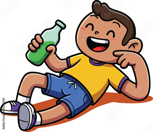 Happy boy lying down drinking from green bottle in casual outfit vector illustration 