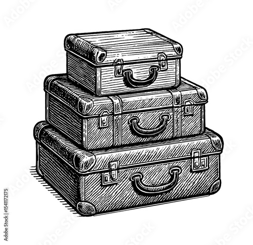 Stack of Three Vintage Suitcases Hand Drawn Engraved Style for Travel and Adventure