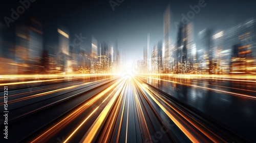 Blurred motion through a cityscape, golden streaks against blue
