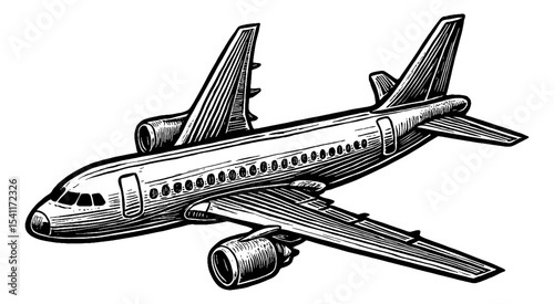 Engraved Style Illustration of an Airplane Flying Isolated on White Background