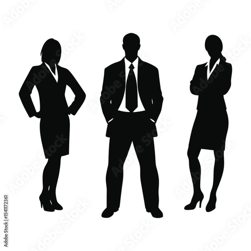 Vector silhouettes of diverse business people standing in a group, perfect for illustrating teamwork and success in the office Team collaboration silhouette icon illustration vector