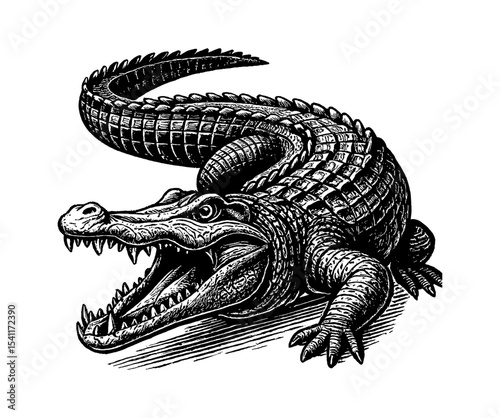 Engraved illustration of an alligator with open mouth viewed from low angle on white background