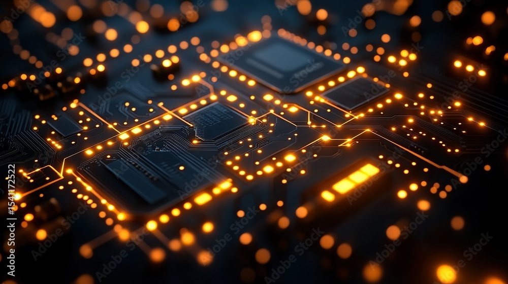 Obraz premium Glowing Circuit Board Closeup, Tech Background