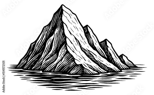 Engraved Mountain Range Reflection in Water in Black and White Detailed Line Art Drawing
