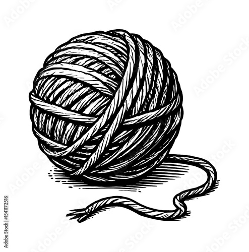 Black and white vector illustration of a ball of yarn with a loose end on a white background.