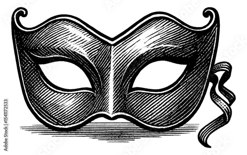 Detailed Engraved Black and White Carnival Mask with Ribbon on White Background