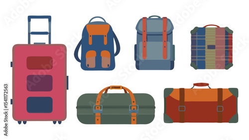 Illustration of a collection of luggage including suitcases and backpacks for travel purposes only