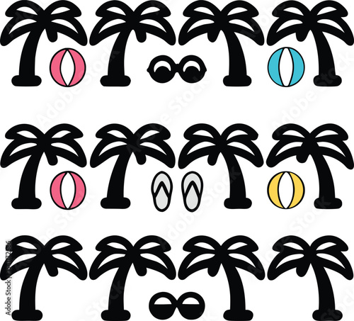 Summer vacation elements pattern with palm trees beach balls sunglasses and flip flops arranged in a repeating design