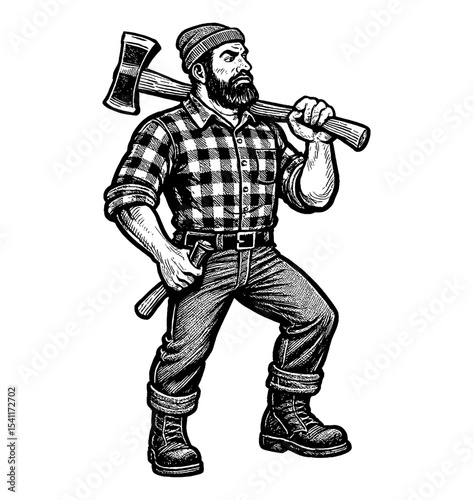 Illustration of a Lumberjack with Axe over Shoulder Wearing Boots and a Beanie Hat
