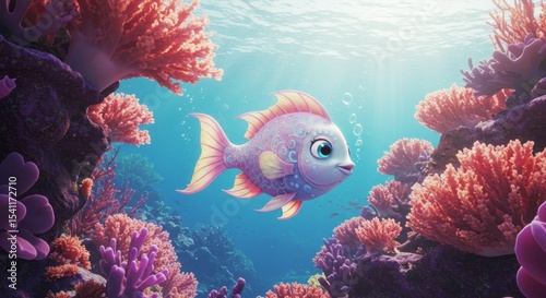 Cartoon Fish Swimming in Coral Reef