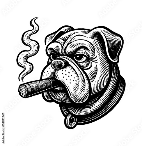 Bulldog Head Smoking Cigar in Black and White Engraving Style with Smoke