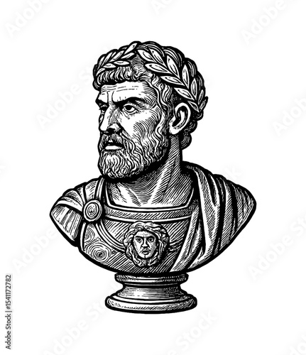 Engraved Bust of Roman Emperor with Laurel Wreath and Detailed Armor Design in Black and White
