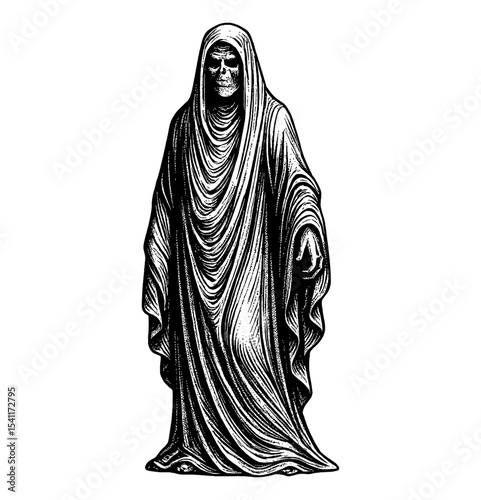 Grim Reaper Standing with Cloak in Detailed Black and White Engraving Style Illustration