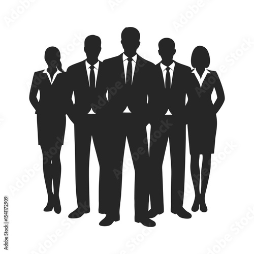 A diverse group of professional business people in silhouette stands together, illustrating teamwork and corporate success Team collaboration silhouette icon illustration vector