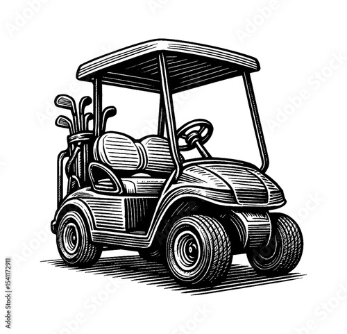 Detailed Engraved Illustration of a Golf Cart with Golf Clubs in Black and White