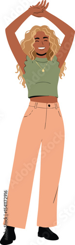 Young woman standing with raised hands wearing green top and peach trousers casual style vector illustration 
