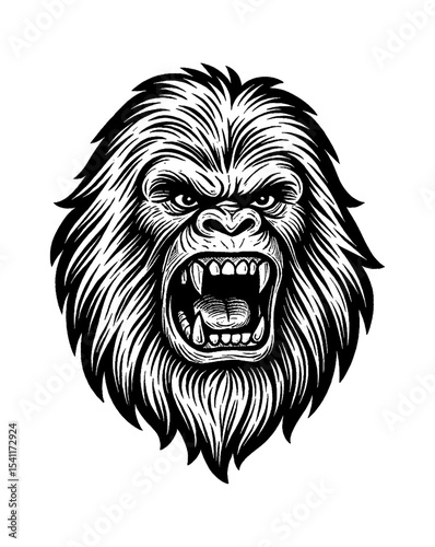 Angry Gorilla Head with Open Mouth Showing Teeth, Black and White Vector Illustration