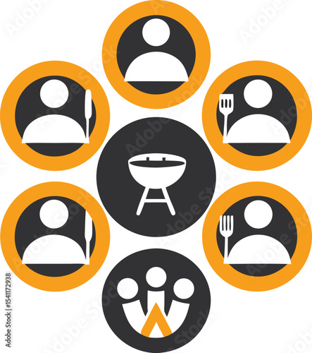 Vector illustration depicting a barbecue gathering with stylized people, grill, and cutlery elements representing friendship and social event.