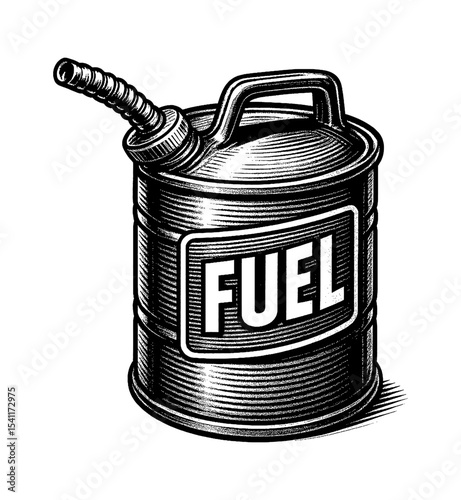 Fuel Canister Illustration in Black and White Engraved Style, Gas Container Artwork