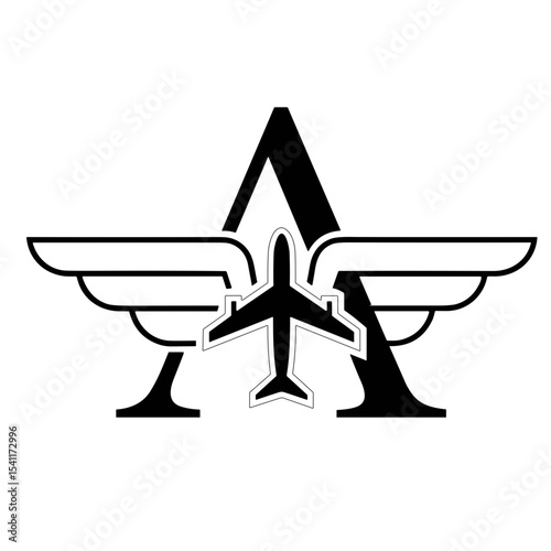 Monochrome airplane logo combined with the letter "A" and wings, ideal for aviation, airline branding, or pilot-related business identity designs.