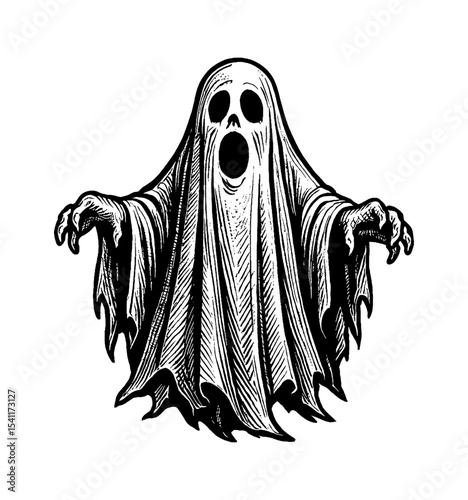 Scary Ghost with Open Mouth in Black and White Engraving Style, Halloween Theme