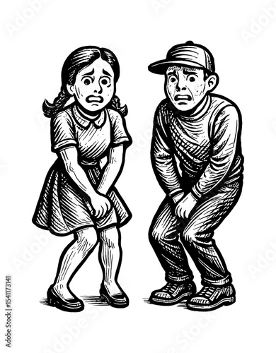 Boy and Girl Holding Crotch with Upset Expression in Black and White Illustration