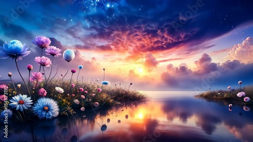 A Tranquil Sunset Reflects on a Serene Lake with Colorful Flowers in the Foreground