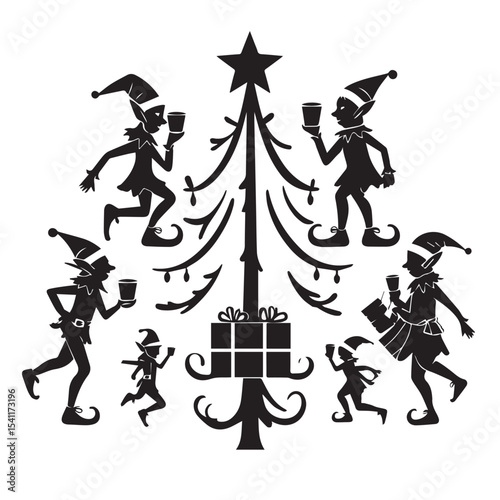 Silhouette christmas elves with tree and gift