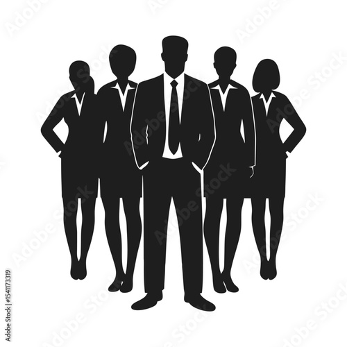 A diverse group of business people in suits stands together, symbolizing teamwork and professional success Team collaboration silhouette icon illustration vector
