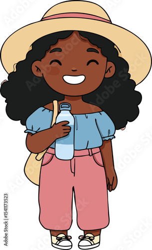 Happy young girl smiling holding water bottle wearing summer hat blue top and pink pants vector illustration 