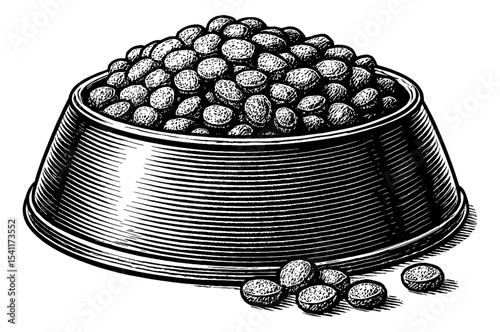 Engraving Style Illustration of a Bowl Full of Dry Pet Food for Commercial Use