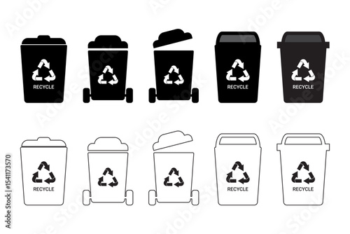 Recycle Bin Icons Set Solid and Outline Style Waste Containers with Recycle Symbol Vector Illustration
