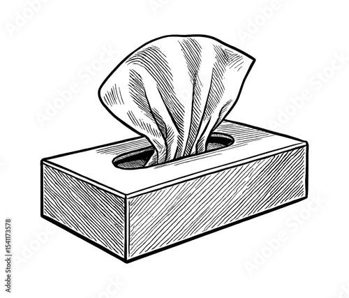 Hand Drawn Illustration of Tissue Box with a Tissue Pulling Out in Black and White