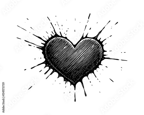 Heart With Ink Splatter, Black and White Vector Illustration of Symbol Love