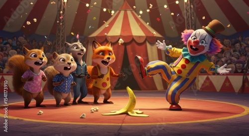 Clown Stumbles on Banana Before Animals at Circus