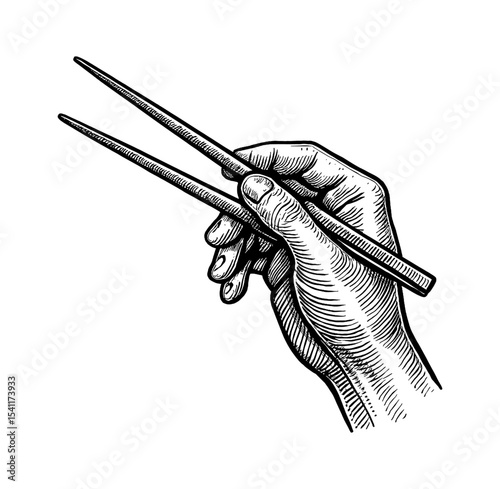 Hand Holding Chopsticks in Detailed Black and White Engraving Style Illustration