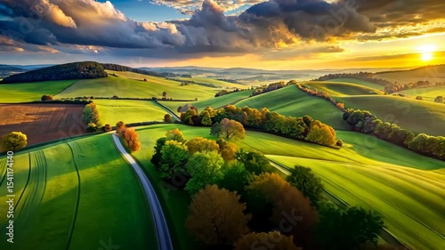 Serene Countryside Sunset A Tranquil Aerial View of Rolling Green Hills and Lush Trees
