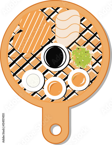 Vector illustration of japanese cuisine platter featuring salmon sashimi soy sauce and appetizers in a flat design style
